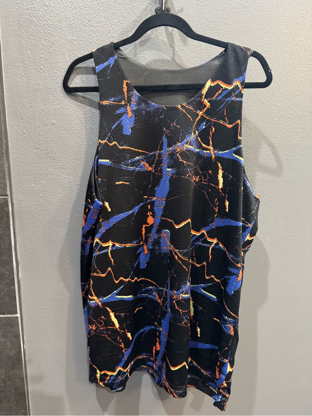 Men's Black Graphic Athletic Tank Top with Blue & Orange Accents